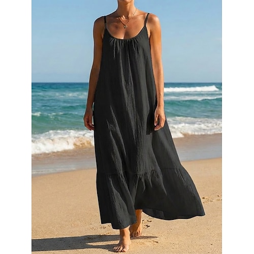 Damen Midikleid 100% Baumwolle Shiftkleid Sommerkleid Unterkleid Mode Modern Täglich Outdoor Urlaub Lässiger Schnitt Einfach Ärmellos Träger Schwarz Weiß Purpur Leicht Blau Sommer Frühling Image
