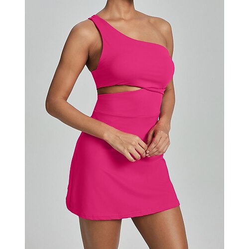 Damen Einfarbig Tenniskleid Sportkleid Ärmellos Tasche Rückenfrei Stoßdämpfung Atmungsaktiv Tennis Fitness Yoga Ein-Schulter Kleid Schwarz Blau Khaki Tennisbekleidung Image