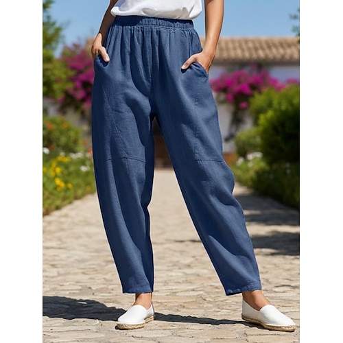 Damen Hose aus Baumwollleinen Chinos Sommerhose Urlaub Streetwear Basic Volle Länge Mittlere Taillenlinie Einfach Tasche Bequem Komfort Unelastisch Täglich Outdoor Urlaub Blau Weinrot Schwarz Weiß Image