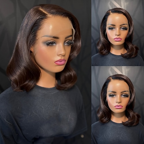 Remy Echthaar 5x5 Verschluss 13x4 Spitzenfront Perücke Kurzer Bob Freier Scheitel Brasilianisches Haar Gewellt Natürlich Perücke 150% 180% Haardichte mit Babyhaaren Ombre-Haar Natürlicher Haaransatz