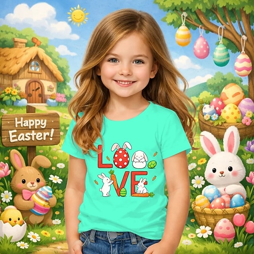 Ostern Mädchen 3D Grafik Kaninchen T-Shirt Kurzarm 3D-Druck Sommer Frühling Sport Mode Streetwear Kinder 4-12 Jahre Rundhalsausschnitt Lässig Täglich Outdoor Normale Passform Image