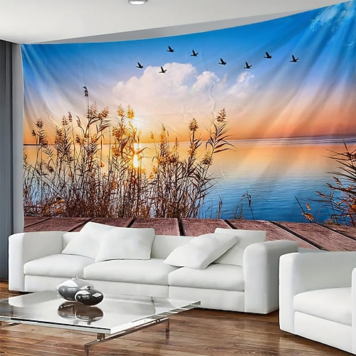 Tropischer Strand-Sonnenuntergangs-Wandteppich mit Meereslandschaft, Palmen und Felsen – Naturkunst für Schlafzimmer, Yoga-Raum und Meditationsraum Image