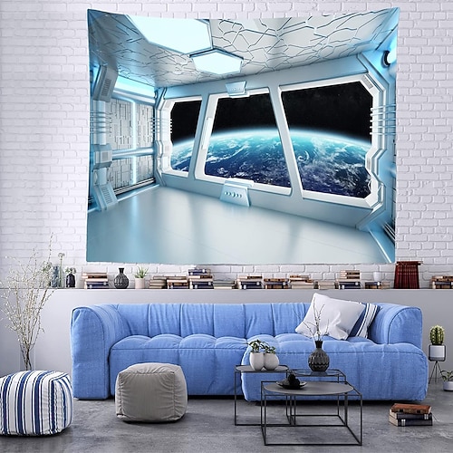3D-Raumschiff-Wandbild, Science-Fiction-Raumschiff-Cockpit-Wandbild, Blick auf die Erde aus dem Weltraum, futuristischer Wandteppich für Schlafzimmer, Spielzimmer Image