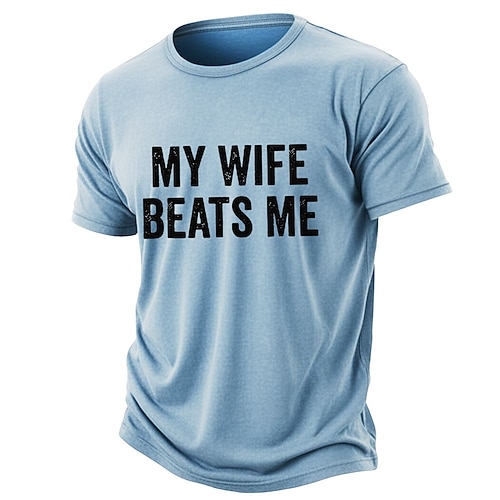 Herren-T-Shirt aus gewaschenem, abgenutztem Baumwollmischgewebe mit lustigem Aufdruck „Meine Frau schlägt mich", Kurzarm, Rundhalsausschnitt, Größen S, M, L, XL, XXL, XXXL