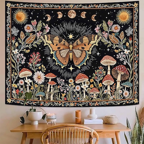 Schmetterlings-Wandteppich mit himmlischen Motiven wie Sonne, Mond, Sternen und Mondphasen, floralem Boho- und Hippie-Stil, Wanddekoration für Schlafzimmer und Wohnzimmer Image