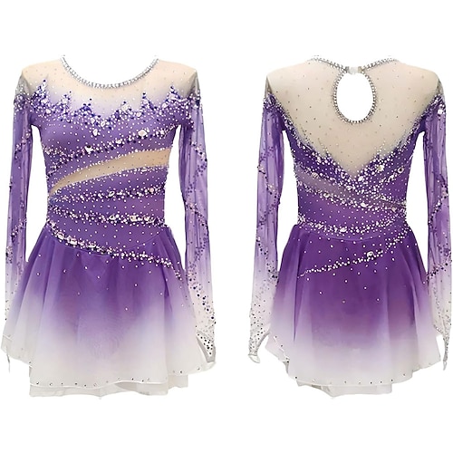 Eiskunstlaufkleid Damen Eislaufen Kleid Violett Schwarz Rot Patchwork Daumenloch Hohe Elastizität Training Wettbewerb Eiskunstlaufkleidung Klassisch Kristall / Strass Langarm Eislaufen Eiskundstlauf Image