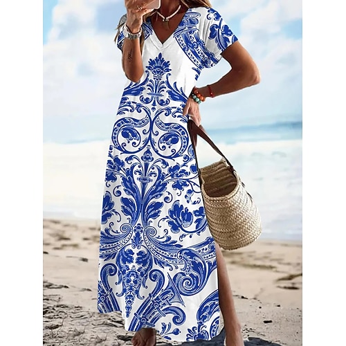 Damen Maxikleid T-Shirt-Kleid Sommerkleid A Linie Kleid Urlaub Lässig Strand Ausgehen Lässiger Schnitt Grafik Stammes Kurzarm V Ausschnitt Blau Rote Orange Sommer Frühling Image