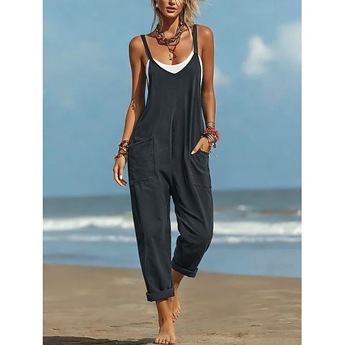 Damen Normal Overall Aktiv Einfarbig Ärmellos V Ausschnitt Tasche Täglich Strand Lässiger Schnitt Dunkelgray Sommer Image