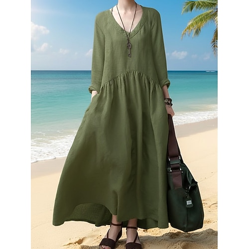 Damen Baumwoll-Leinen Maxi Kleid A-Linie Kleid Lässig Alltag Lockerer Schnitt Einfarbig Langarm V-Ausschnitt Schwarz Weiß Gelb Armeegrün Sommer Frühling Herbst Image