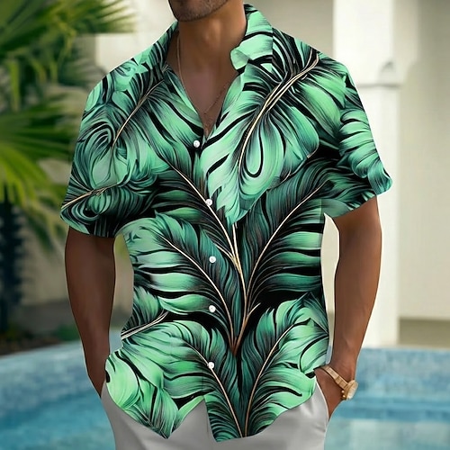 Herren Farbverlauf Palmblatt Tropische Pflanzen Sommer Hawaiihemd Knopfhemd Alohahemd Kurzarm Hawaiianisch Lässig Urlaub Sommer Frühling Umlegekragen 3D-Druck Hemden mit Kragen Eine Tasche vorne Blau Image