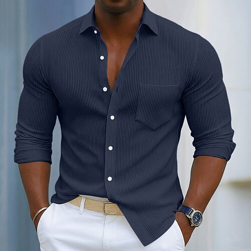 Herren Hemd Freizeithemd Cordhemd Knopfhemd Blau Schwarz Weiß Rote Marineblau Langarm Einfach Umlegekragen Lässig Outdoor Tasche Bekleidung Mode Lässig Image