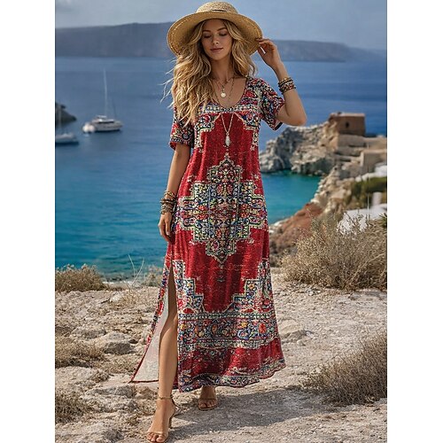 Damen Maxikleid A Linie Kleid Lässig Täglich Lässiger Schnitt Grafik Geometrisch Kurzarm V Ausschnitt Blau Hellgrün Rote Sommer Frühling Image
