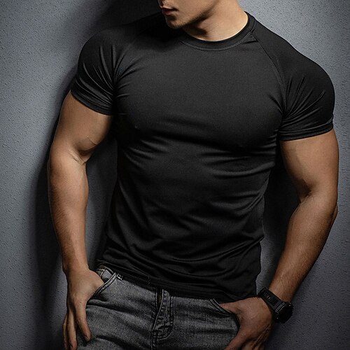 Herren Einfarbig Lauf-T-Shirt Kompressionsshirt Laufshirt Sommer Frühling Herbst Kurzarm Schnelltrocknend Kompression Feuchtigkeitsableitend Fitnesstraining Aktives Training Übung Blau Schwarz Weiß Image