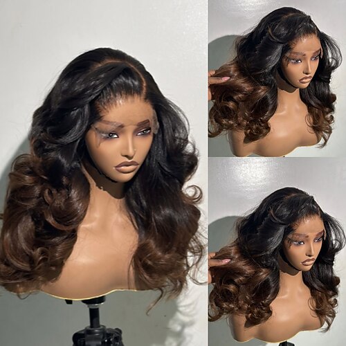 Echthaar 5x5 Verschluss 13x4 Spitzenfront Perücke Freier Scheitel Brasilianisches Haar Gewellt Braun Perücke 150% 180% Haardichte mit Babyhaaren Ombre-Haar Natürlicher Haaransatz 100% Unbehandelt Image