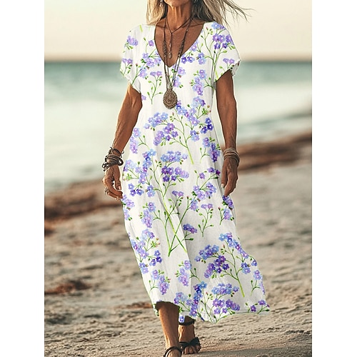 Damen Maxikleid T-Shirt-Kleid Sommerkleid A Linie Kleid Urlaub Lässig Strand Ausgehen Lässiger Schnitt Blumen Grafik Kurzarm V Ausschnitt Gelb Purpur Grün Sommer Frühling Image