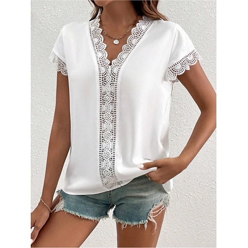 Damen T Shirt Spitzen-T-Shirt T-Shirt Spitze Patchwork Einfach Mode Stilvoll Klassisch Kurzarm V Ausschnitt Normale Oberteile Täglich Ausgehen Wochenende Weiß Sommer Frühling Image