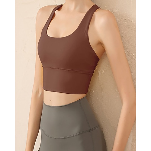 Damen Einfarbig Sport Top Sport-BH Ärmellos Racerback Stoßdämpfung Atmungsaktiv Laufen Fitness Yoga Rundausschnitt Tank-Rückseite Oberteil Schwarz Gelb Rosa Tennisbekleidung Image