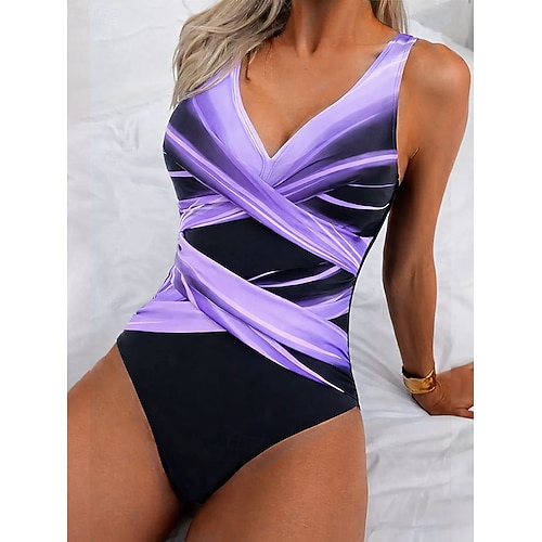 Damen Einteiler Schwimmbad Schlanklich Rüsch Monokini Bikini Bauchkontrolle Hohe Taille Slim Elegant Urlaub Ombre Grafik V-Ausschnitt Ärmellose Badeanzüge Image