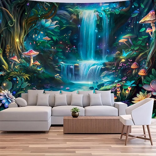 Wandteppich mit Wasserfallmotiv aus einem verwunschenen Wald, magischen Pilzen, biolumineszenter Dschungellandschaft – Kunst für Yoga- und Meditationsräume Image