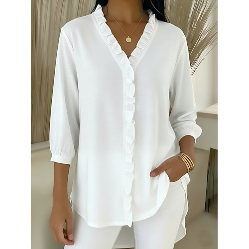 Damen Popover-Hemd Freizeithemd Bluse Rüsche Einfarbig Urlaub Stilvoll Basic Dreiviertelarm V Ausschnitt Normale Oberteile Täglich Outdoor Ferien Blau Weiß Gelb Rote Marineblau Sommer Frühling Herbst Image