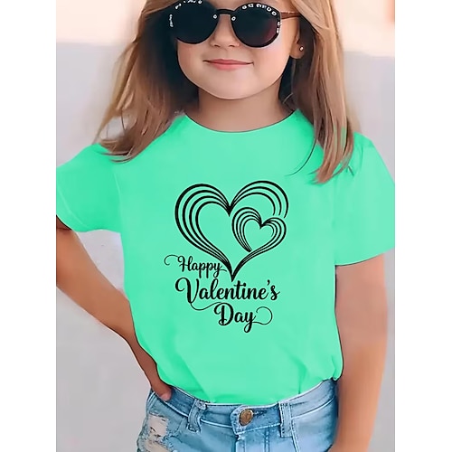 Valentinstag Mädchen 3D Herz Grafik T-Shirt Kurzarm 3D-Druck Sommer Frühling Sport Mode Streetwear Kinder 4-12 Jahre Rundhalsausschnitt Lässig Täglich Outdoor Normale Passform Image