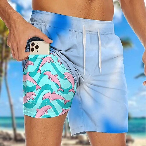 Herren Delfin Farbverlauf Meeresbewohner Gefütterte Shorts 2 in 1 Badeshorts Badeshorts Mittlere Taille Hawaiianisch Ferien Seitentaschen Mit Kompressionsfutter Elastischer Kordelzug in der Taille Image