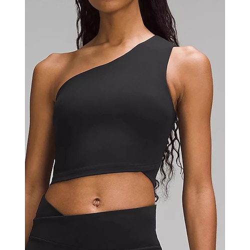 Damen Einfarbig Sport-BH-Oberteil Tennis-Tanktop Sport Top Ärmellos Asymmetrisch Rückenfrei Stoßdämpfung Atmungsaktiv Laufen Fitness Yoga Ein-Schulter Tanktop Tank-Rückseite Schwarz Lila Khaki Image