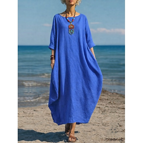 Damen Maxikleid Shiftkleid Lässig Täglich Normale Passform Einfach Dreiviertelarm Rundhalsausschnitt Blau Weiß Rote Dunkelgrün Sommer Frühling Herbst Image