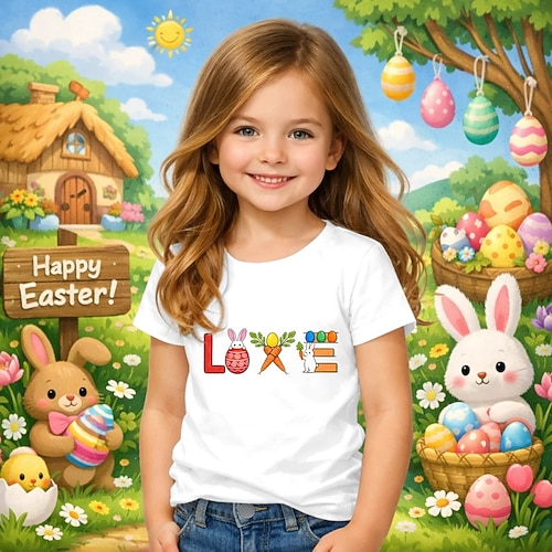 Ostern Mädchen 3D Grafik Kaninchen T-Shirt Kurzarm 3D-Druck Sommer Frühling Sport Mode Streetwear Kinder 4-12 Jahre Rundhalsausschnitt Lässig Täglich Outdoor Normale Passform Image