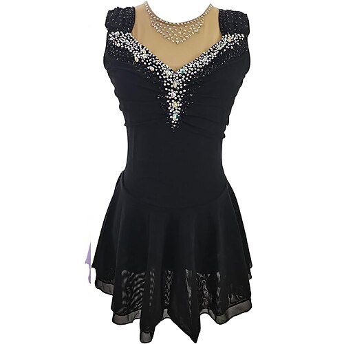 Eiskunstlaufkleid Damen Eislaufen Kleid Violett Marineblau Schwarz Patchwork Offener Rücken Dehnbar Training Wettbewerb Eiskunstlaufkleidung Klassisch Kristall / Strass Ärmellos Eislaufen Image