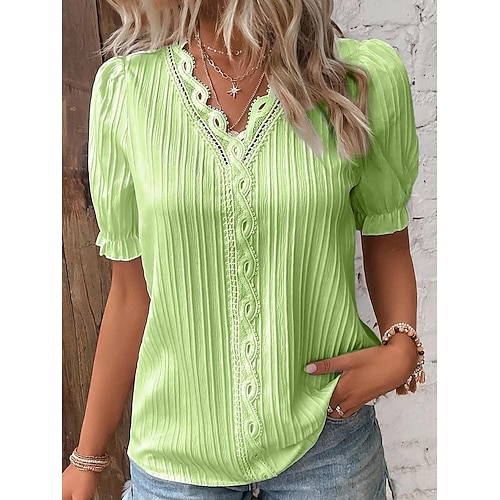 Damen T Shirt T-Shirt Spitze Patchwork Einfach Mode Stilvoll Klassisch Kurzarm V Ausschnitt Normale Oberteile Täglich Ausgehen Wochenende Schwarz Weiß Gelb Himmelblau Purpur Sommer Frühling Image