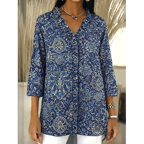 Damen Boho-Hemd Gerafft Rüsche Blumen Grafik Elegant Vintage Täglich Langarm V Ausschnitt Normale Oberteile Täglich Arbeit Ferien Blau Denim Blue Sommer Frühling Image