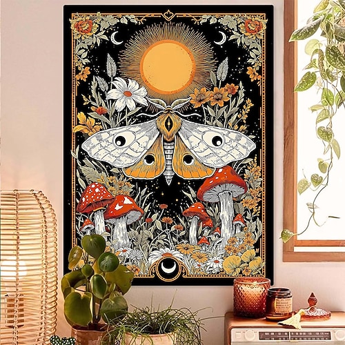 Vintage Wandteppich mit Mondfaltermotiv, mystischem Lebensbaum, Mondphasen, Sternen, Wildblumen und Pilzen – ästhetische Dekoration für Schlafzimmer und Studentenwohnheim Image