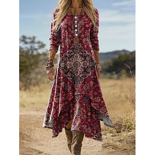 Damen Midi Kleid Boho Shift-Kleid Urlaub Party Lässig Täglich Urlaub Regulär Fit Grafik Geometrisch Paisley Langarm Rundhalsausschnitt Schwarz Pink Rot Orange Sommer Frühling Herbst Image