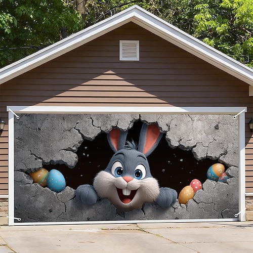 Oster-Garagentorabdeckung (157,48 x 70,87 Zoll) mit niedlichem Hasen, der durch die Wand bricht, bunten Eiern, lustige Osterdeko für Garage, Frühlingsparty, Familienfeier, Hintergrundszene Image
