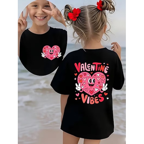Valentinstag Mädchen 3D Herz Grafik T-Shirt Kurzarm 3D-Druck Sommer Frühling Sport Mode Streetwear Kinder 4-12 Jahre Rundhalsausschnitt Lässig Täglich Outdoor Normale Passform Image