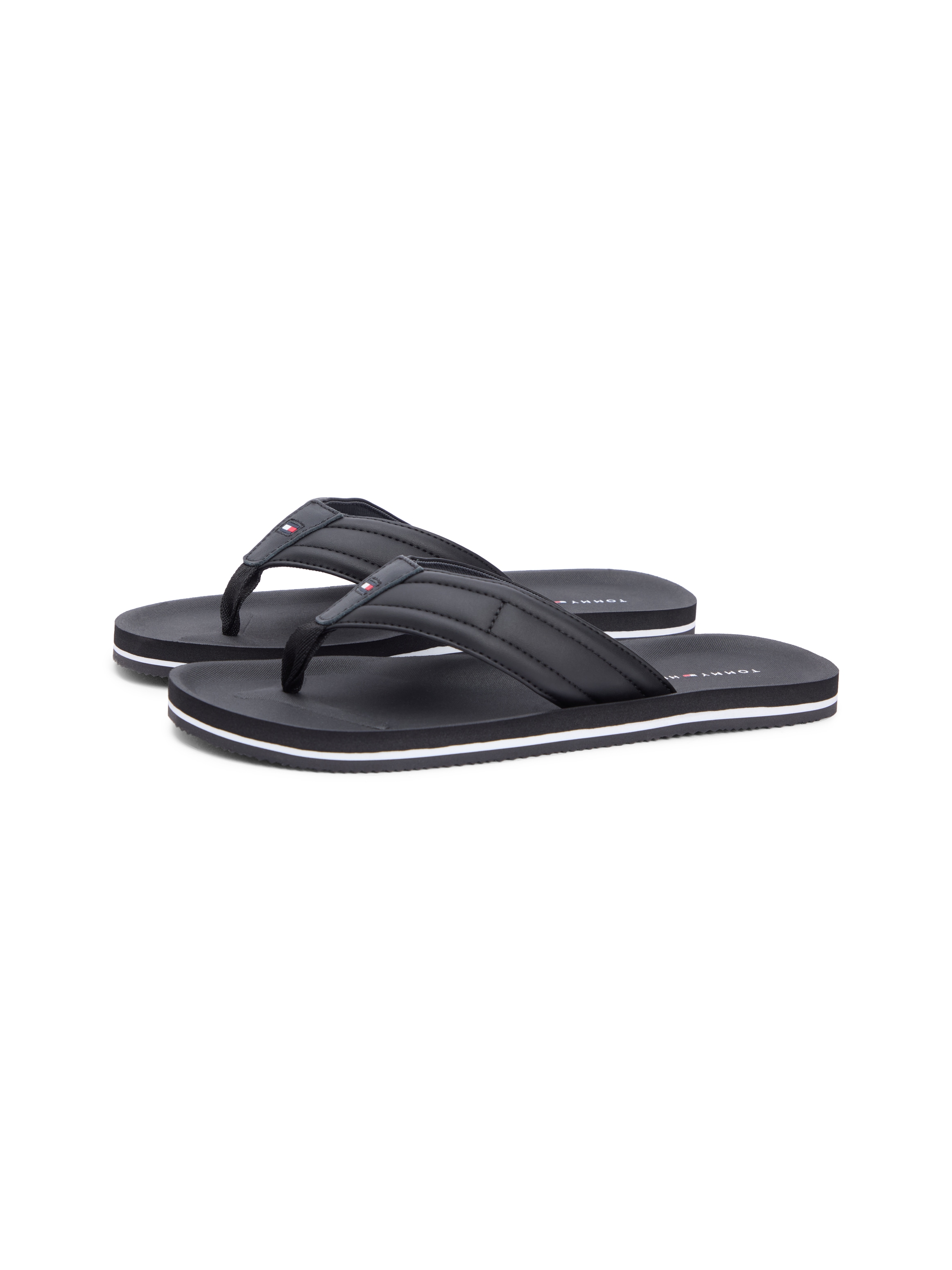 Zehentrenner TOMMY HILFIGER "HILFIGER PADDED BEACH SANDAL", Herren, Gr. 44, schwarz, Lederimitat, unifarben, Schuhe Zehentrenner, Sommerschuh, Flats, Strandschuh mit Ziersteppung