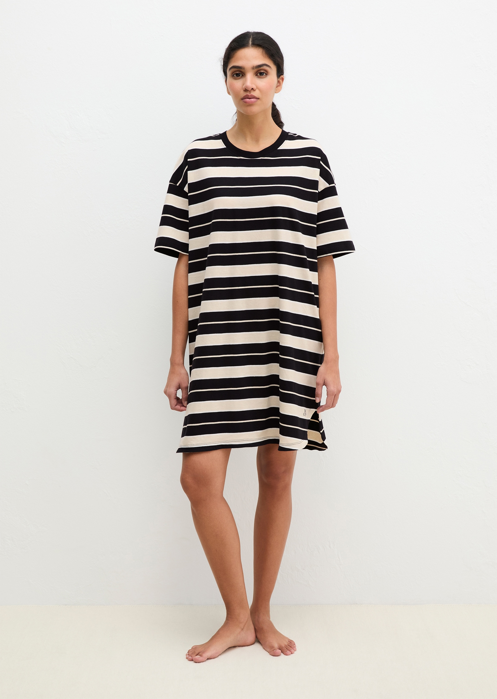 Nachthemd MARC O'POLO "Mix N Match Cotton", Damen, Gr. M (40), N-Gr, french oak stripe, Single Jersey, Obermaterial: 100% Baumwolle, bequem kniefrei, Rundhals, Kleider Nachthemd, mit kurzen Ärmeln und Rundhalsausschnitt, seitliche Schlitze