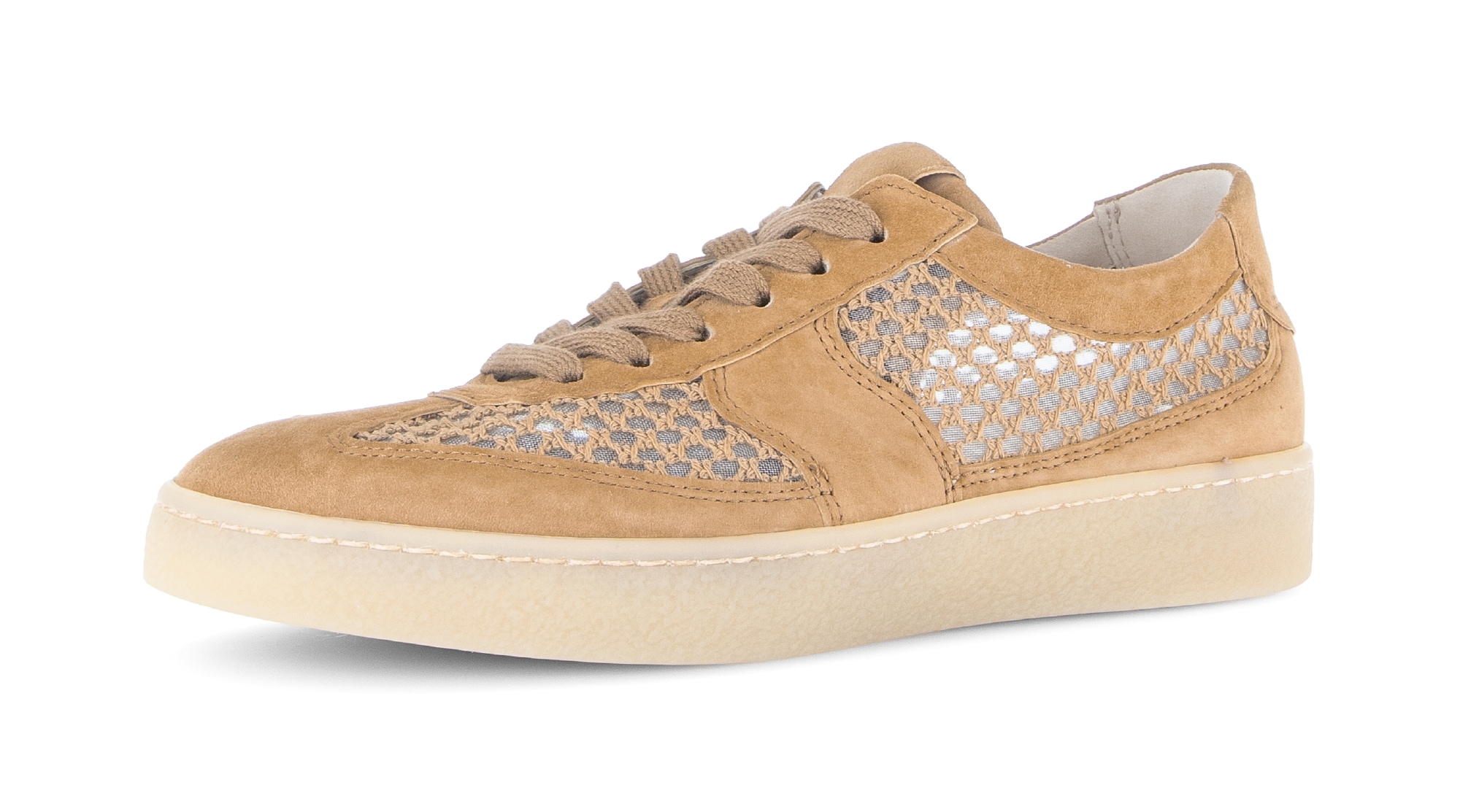 Plateausneaker GABOR, Damen, Gr. 39, hellbraun, Textil, Ziegenveloursleder, Schuhe Plateausneaker, Freizeitschuh, Halbschuh, Schnürer, Kontrastbesatz Image