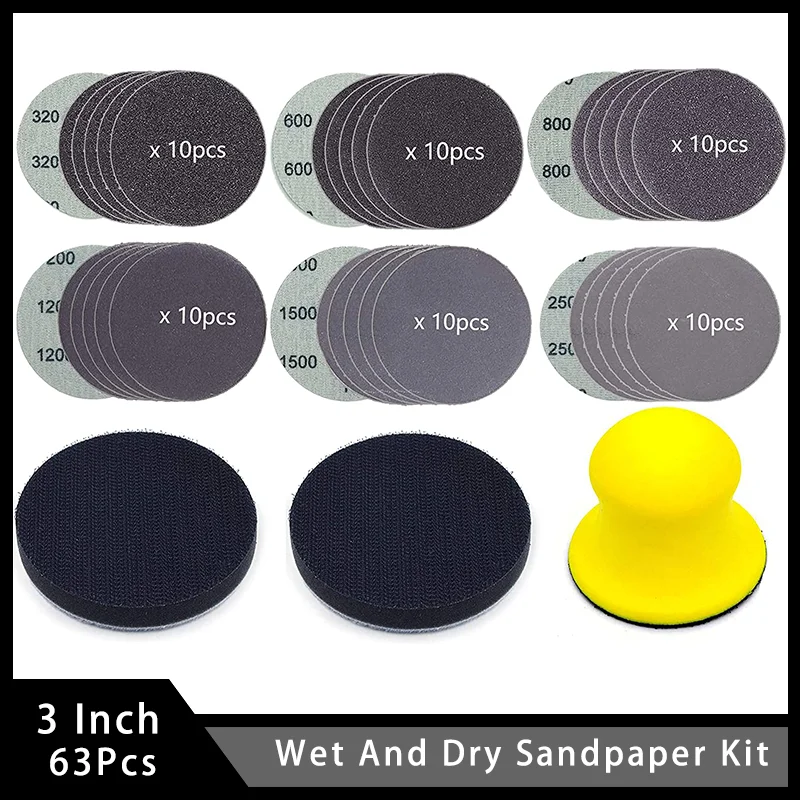 63-teiliges 3-Zoll-Schleifpapier mit Klettverschluss und manuellen Schleifblock-Schnittstellenpads zum Polieren von Kunsthandwerk Image