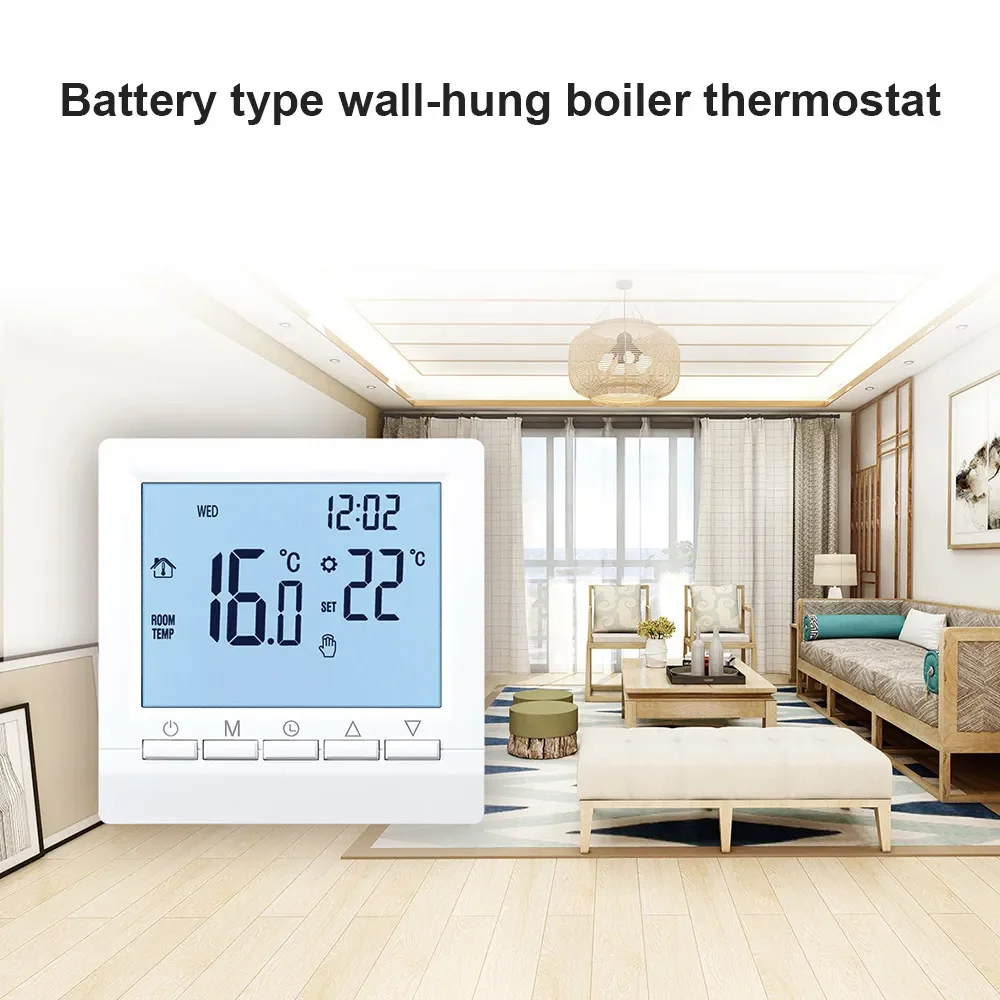 LCD-Gaskessel-Thermostat, 3 A, wöchentlich programmierbarer Raumheizungsthermostat, intelligenter Thermostat, 85 x 85 mm, weiß/blaue LED-Anzeige Image