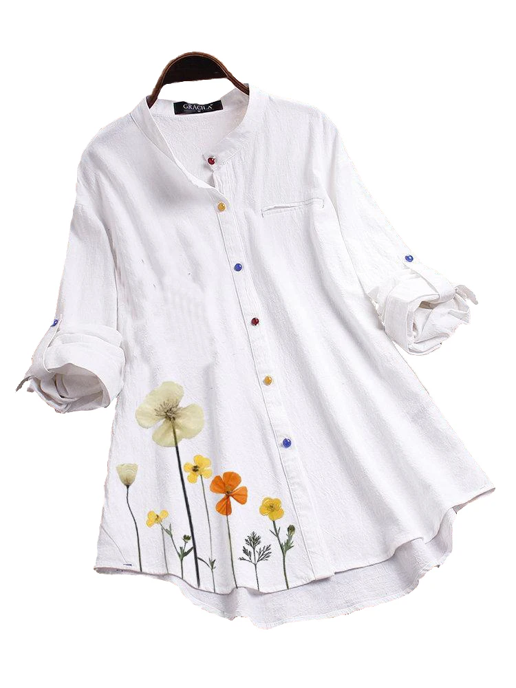 Damen-Hemd mit Knopfleiste und Rundhalsausschnitt, klassisches, langärmliges, modisches Hemd, Blumenmuster, Büro- und Arbeitshemdbluse Image