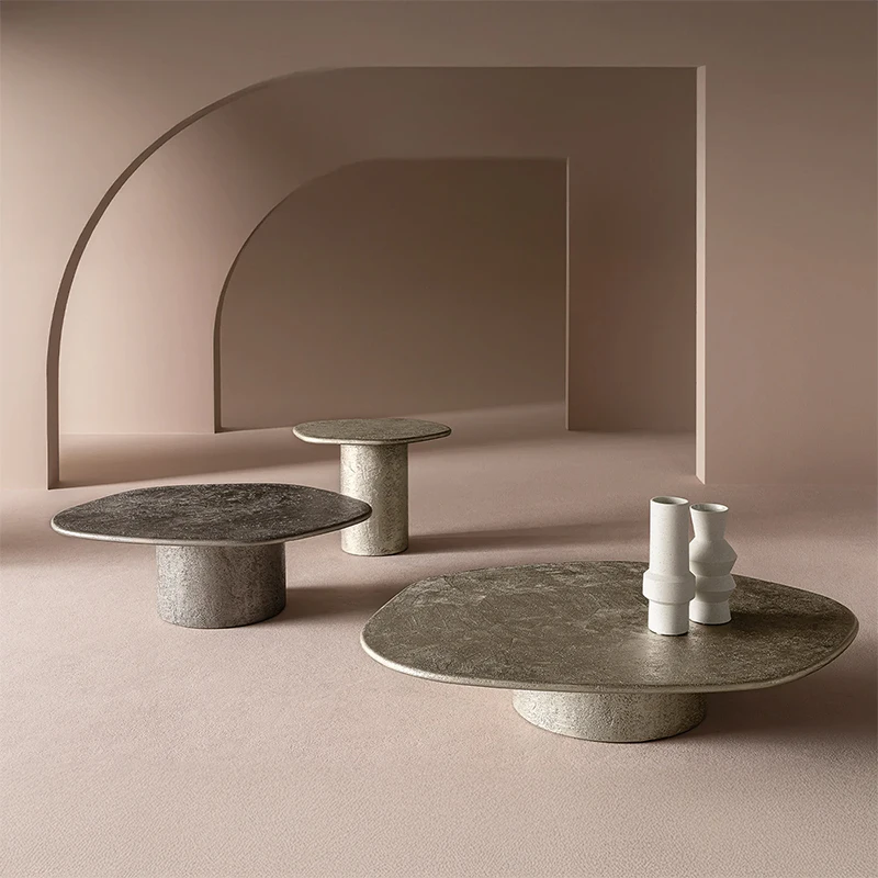 Table basse design de forme irrégulière, luxe rétro, couleur laiton, vintage, style wabi-sabi, table d