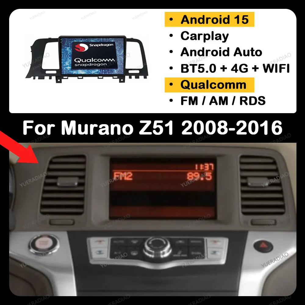 Android 15 Auto Radio Für Nissan Murano Z51 2008-2016 Multimedia DSP 4G LTE 5G WIFI Qualcomm BT Drahtlose Carplay Auto Stereo Image