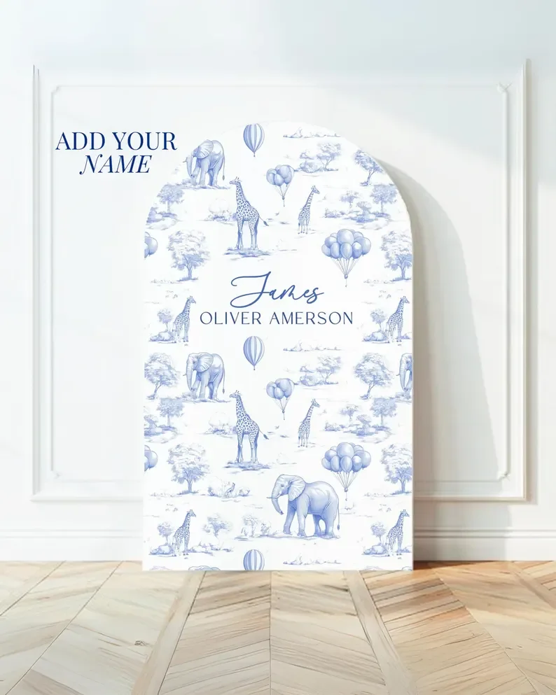 Mehofond Benutzerdefinierter 2-seitiger Hintergrund für Babyparty-Bogen, eleganter blauer rosa Tier-Heißluftballon-Dekor, Safari-Chinoiserie-Hintergrund