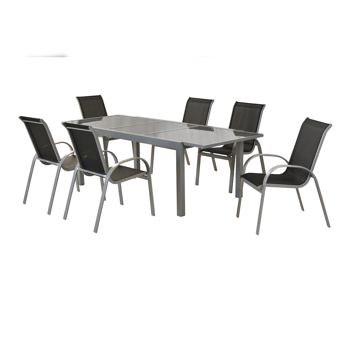 Merxx Amalfi Set 7tlg., 6 Stapelsessel, 1 Tisch 140(200) x 90 cm, Aluminium, Silber/Schwarz Image