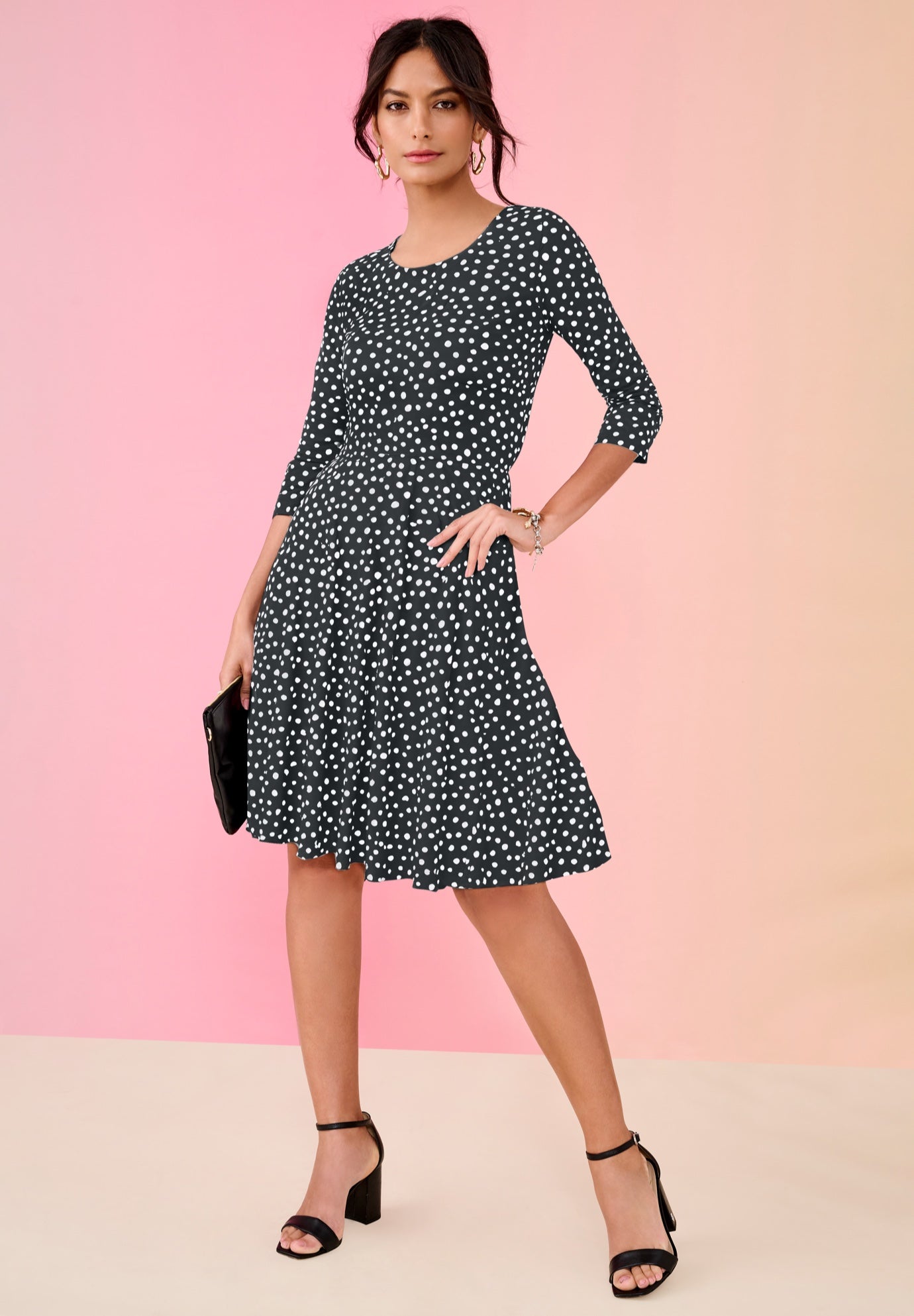 Plus Size Women's Ultrasmooth® Fabric Fit-And-Flare Dress by Roaman's in Black White Dots (Size 16 W)