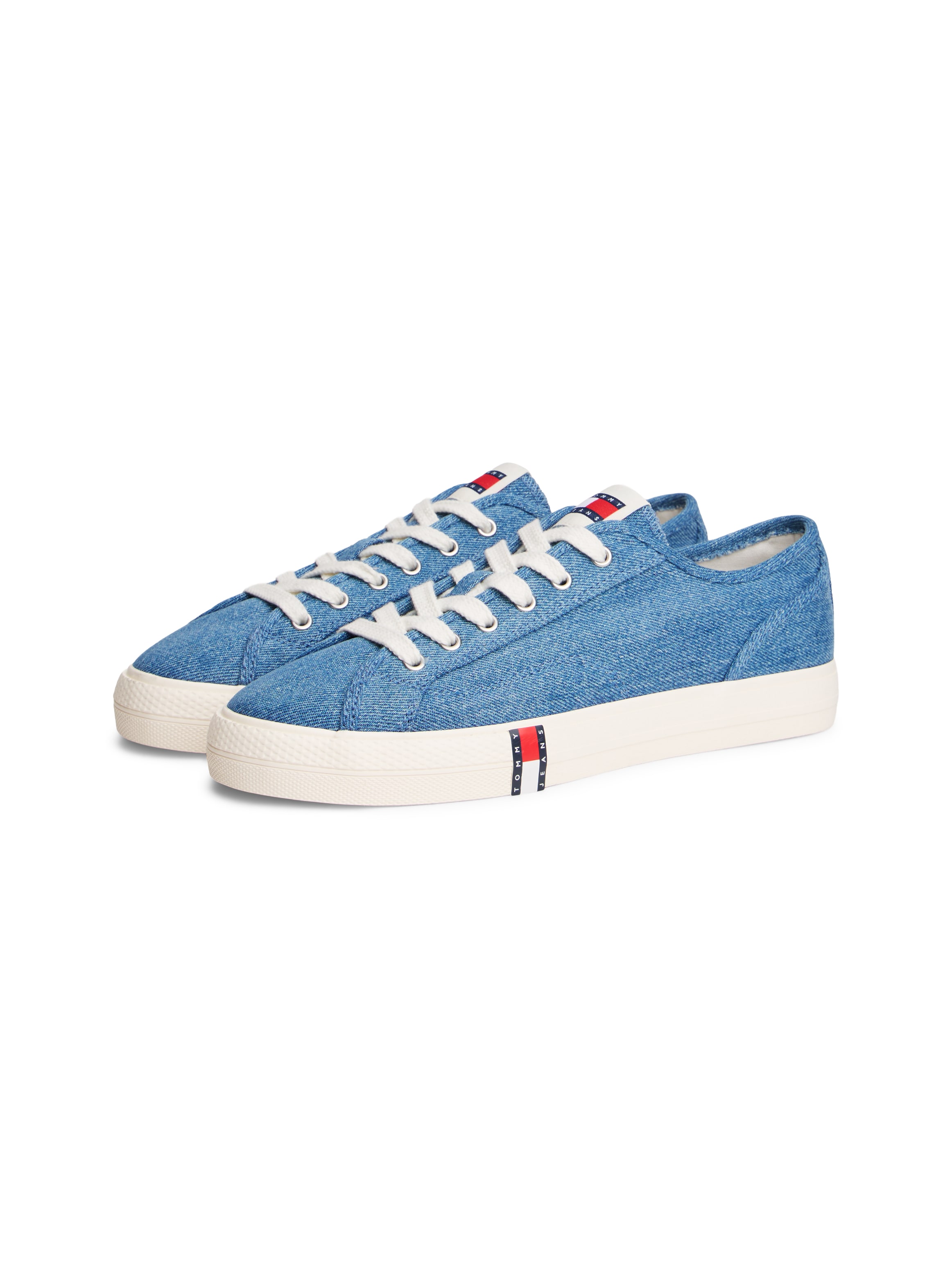 Plateausneaker TOMMY JEANS "ARCHIVE Y2K DENIM", Damen, Gr. 41, denim, Baumwolle, unifarben, used, Schuhe Plateausneaker, Schnürschuh, Halbschuh, Freizeitschuh mit Flagge im Plateau