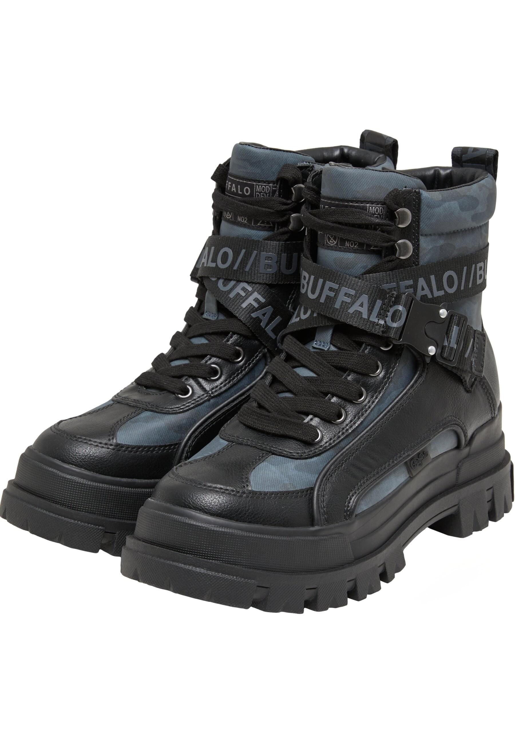 Stiefel BUFFALO "Buffalo ASPHA COM - VEGAN NUBUCK", Damen, Gr. 42, schwarz, camo, Polyurethan, unifarben, Schuhe Stiefel
