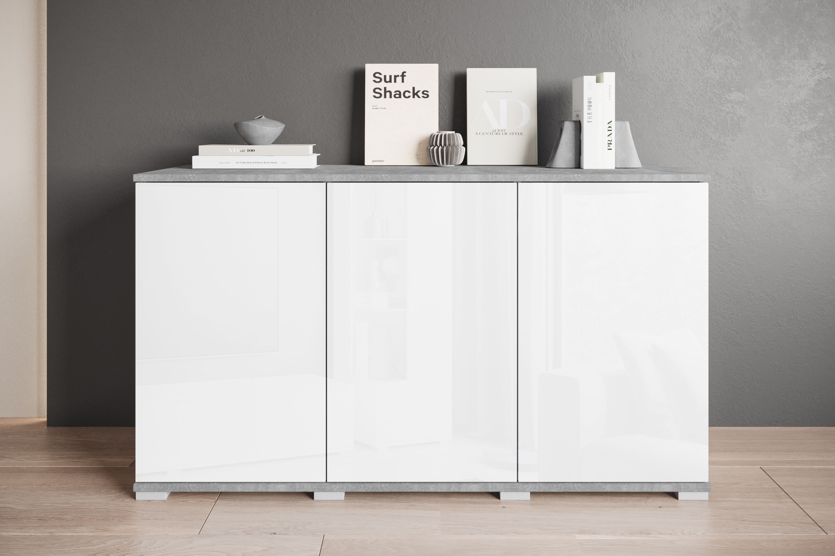 Sideboard OTTO HOME "Kenia, moderne grifflose Kommode mit 3 Türen, Breite 120 cm", weiß (betonoptik, weiß hochglanz), B:120cm H:69,7cm T:39,5cm, FSC-zertifizierter Holzwerkstoff, Sideboards, Sideboard, Push-to-Open-Fronten, höhenverstellbaren...